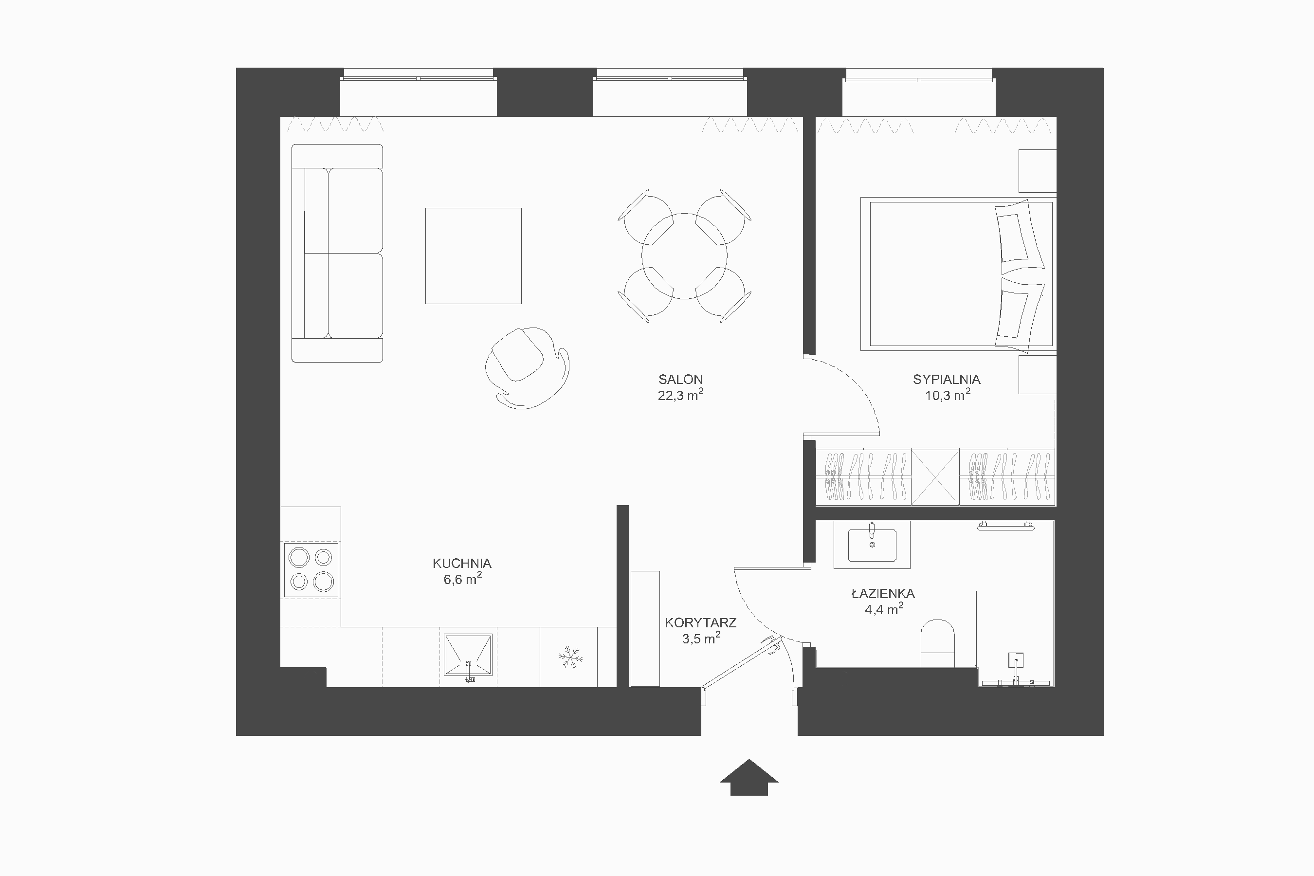 Nie wprowadzałyśmy zmian w układzie ścian mieszkania. Postawiłyśmy na otwarty salon połączony z kuchnią aby zachować przestronność wnętrza.